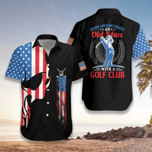 Golf Skull Old Man With American Flag Hawaii Aloha Shirts Ha34405