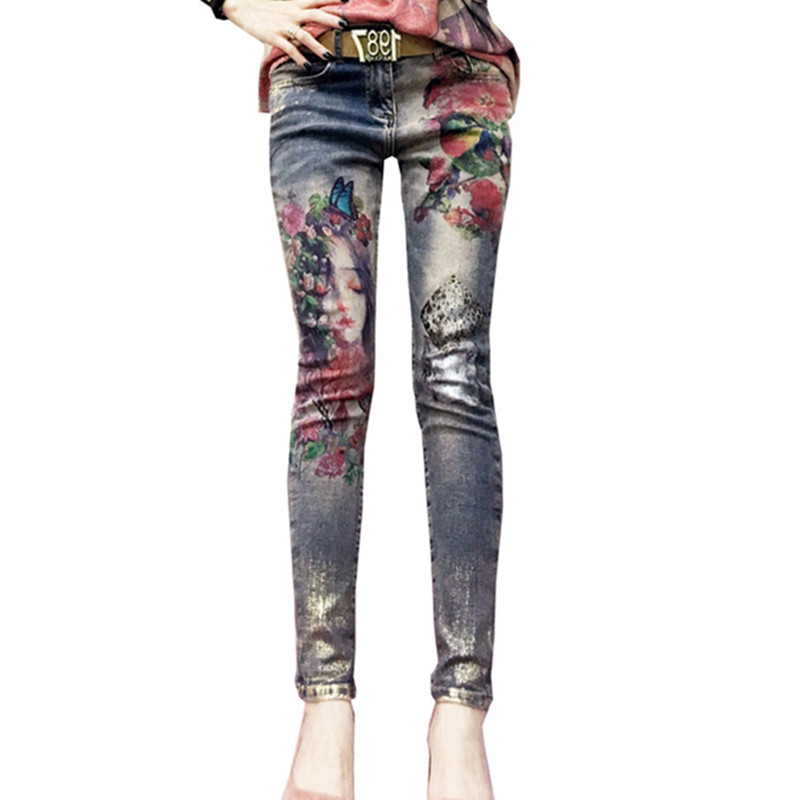 3D Stretchy Jeans With 3D Flowers Pattern Painted Pencil Pants Woman Elegant Style Denim Pants Trousers For Women Jeans alx