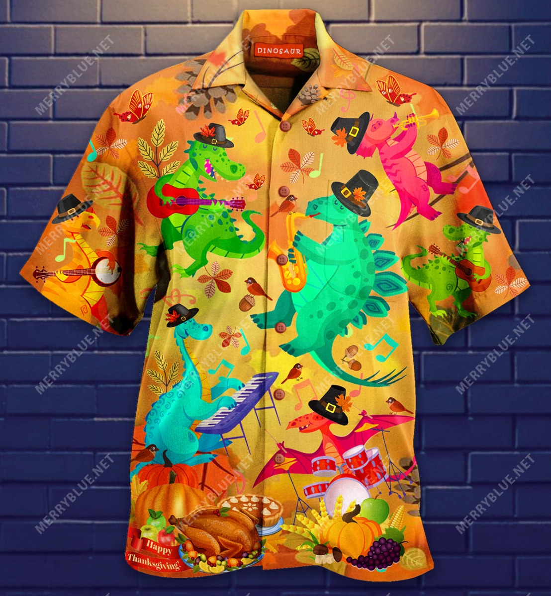 Thanksgiving Dinosaur Unisex Hawaii Print Aloha Short Sleeve Casual Shirt Ha26743