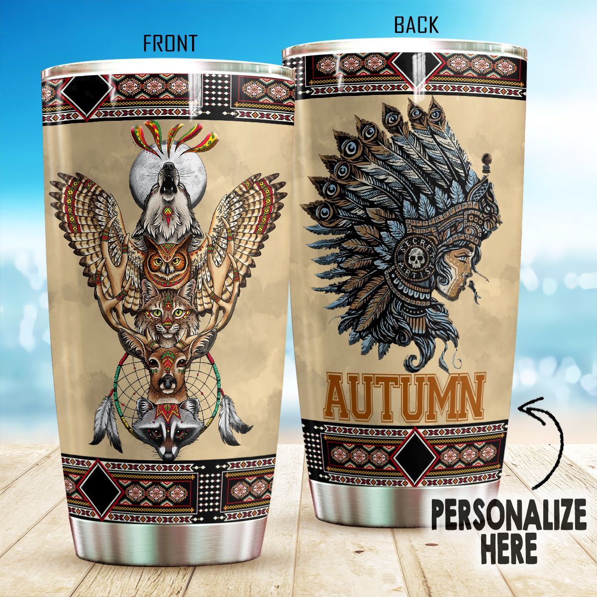 Personalized Native American And Animal Stainless Steel Tumbler Perfect Gifts For Native American Culture Lover Tumbler Cups For Coffee/Tea, Great Customized Gifts For Birthday Christmas Thanksgiving