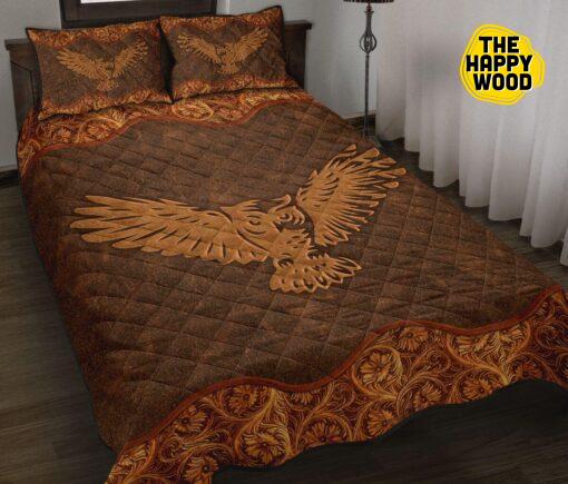 Owl Flower Leather Brown Style Quilt Bed Set And Pillow Cover