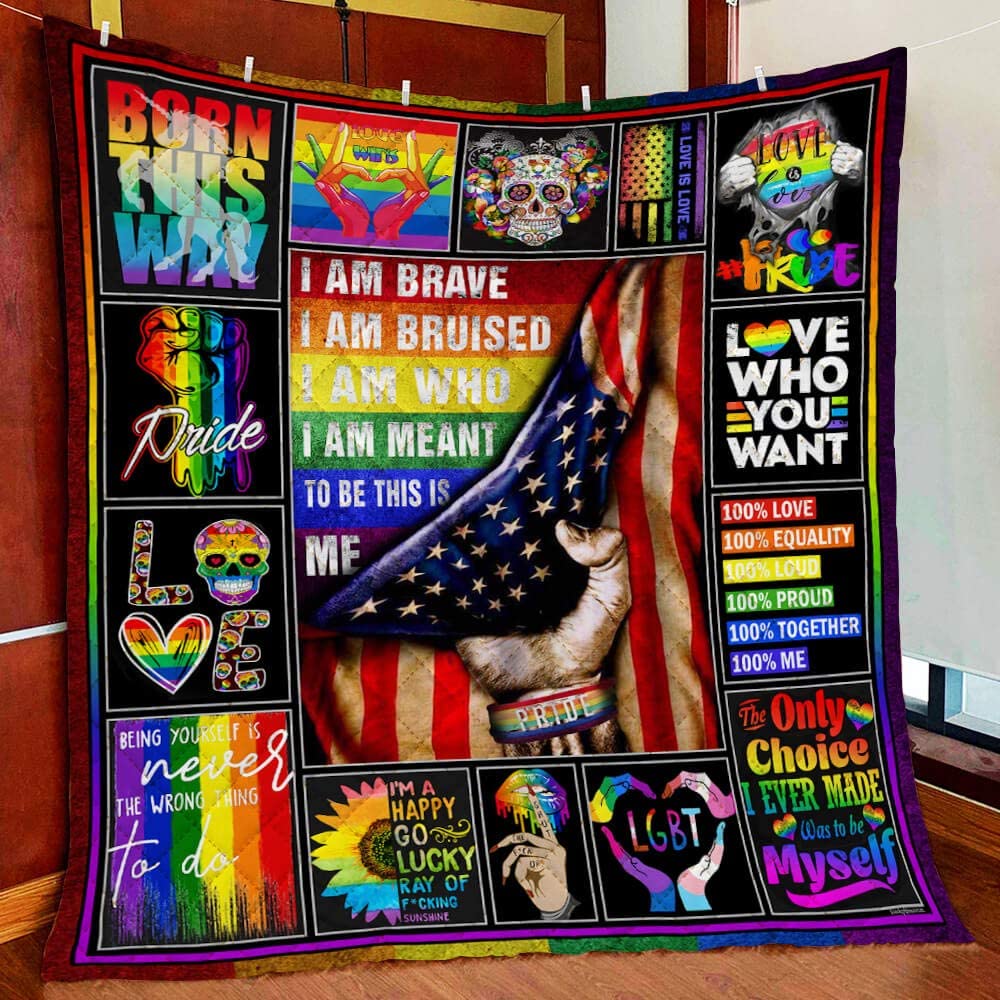 Quilt Bedding Printed Lgbt Pride. I Am Brave Quilt Blanket For Gay Man, Couple Gaymer Gift