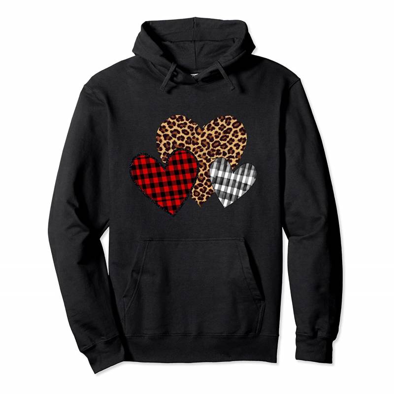 Valentine Three Hearts Leopard Buffalo Plaid Valentine’s day Pullover Hoodie, T Shirt, Sweatshirt