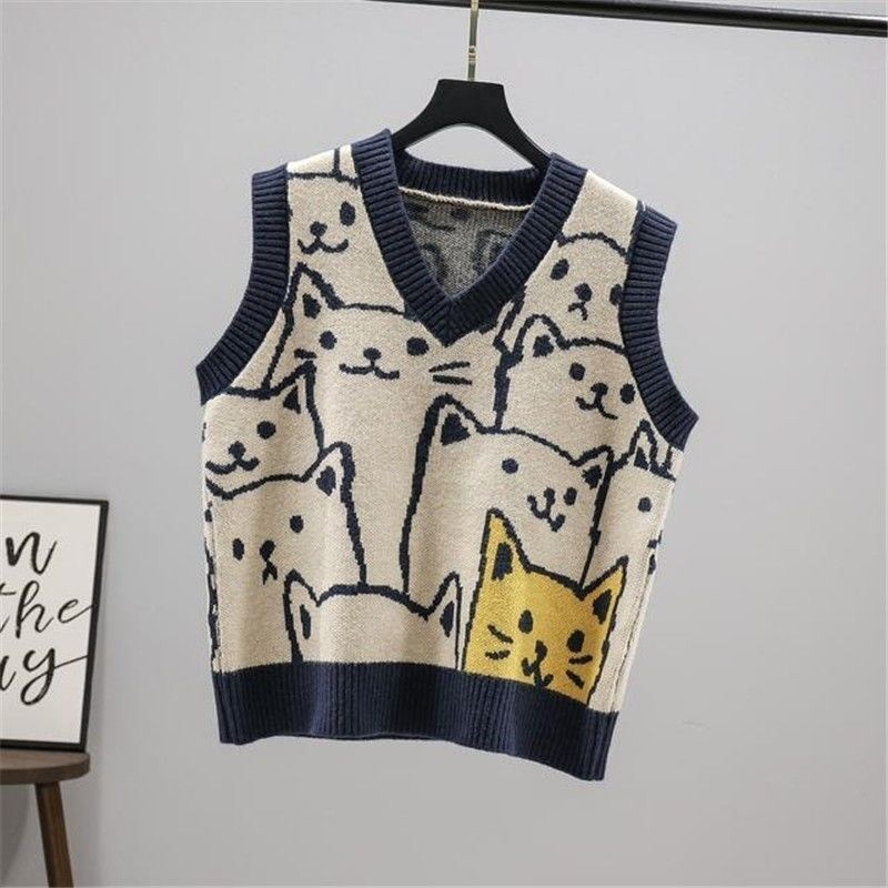 Women Sweater Vest Vintage Knitted Coat V Neck Pullover Cute Sweaters Loose Knit Crop Cartoon Top Womens Vest Fashion Tops alx