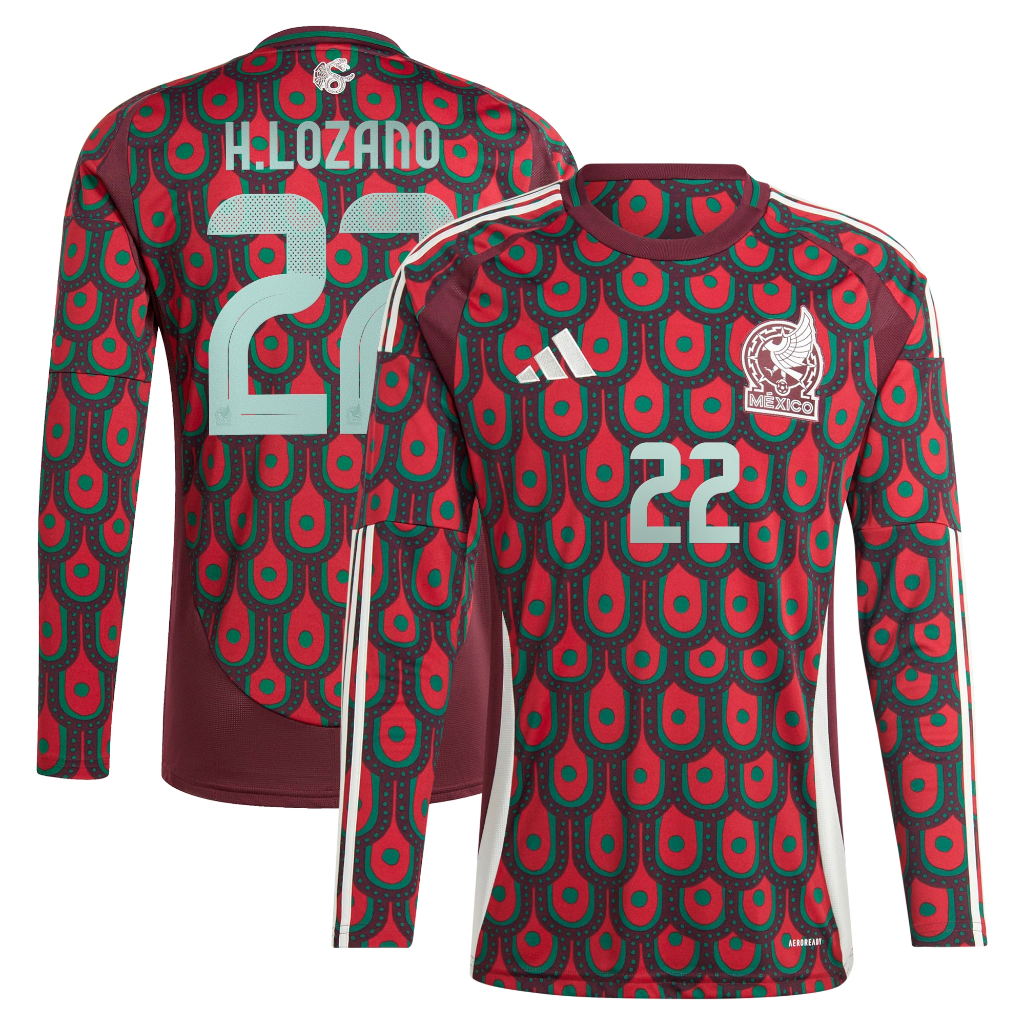 Hirving Lozano Mexico National Team 2024 Home Replica Player Long Sleeve Jersey – Burgundy