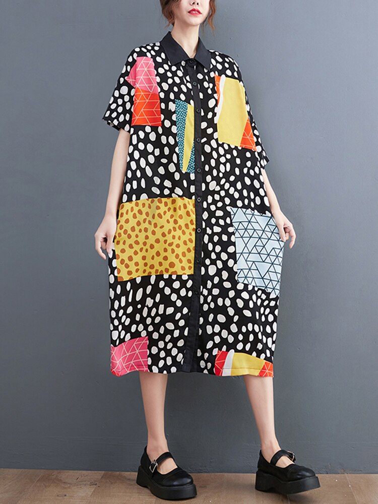 Black Vintage Print Polka Dot Shirt Dresses For Women Short Sleeve Loose Casual Midi Summer Dress Fashion Elegant Clothing 2022 alx