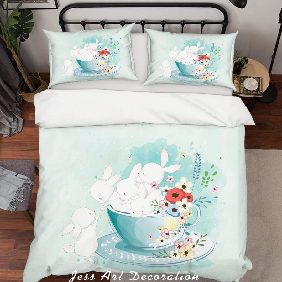 3D Green Rabbit Cup Floral Quilt Cover Set Bedding Set Duvet Cover Pillowcases SF02