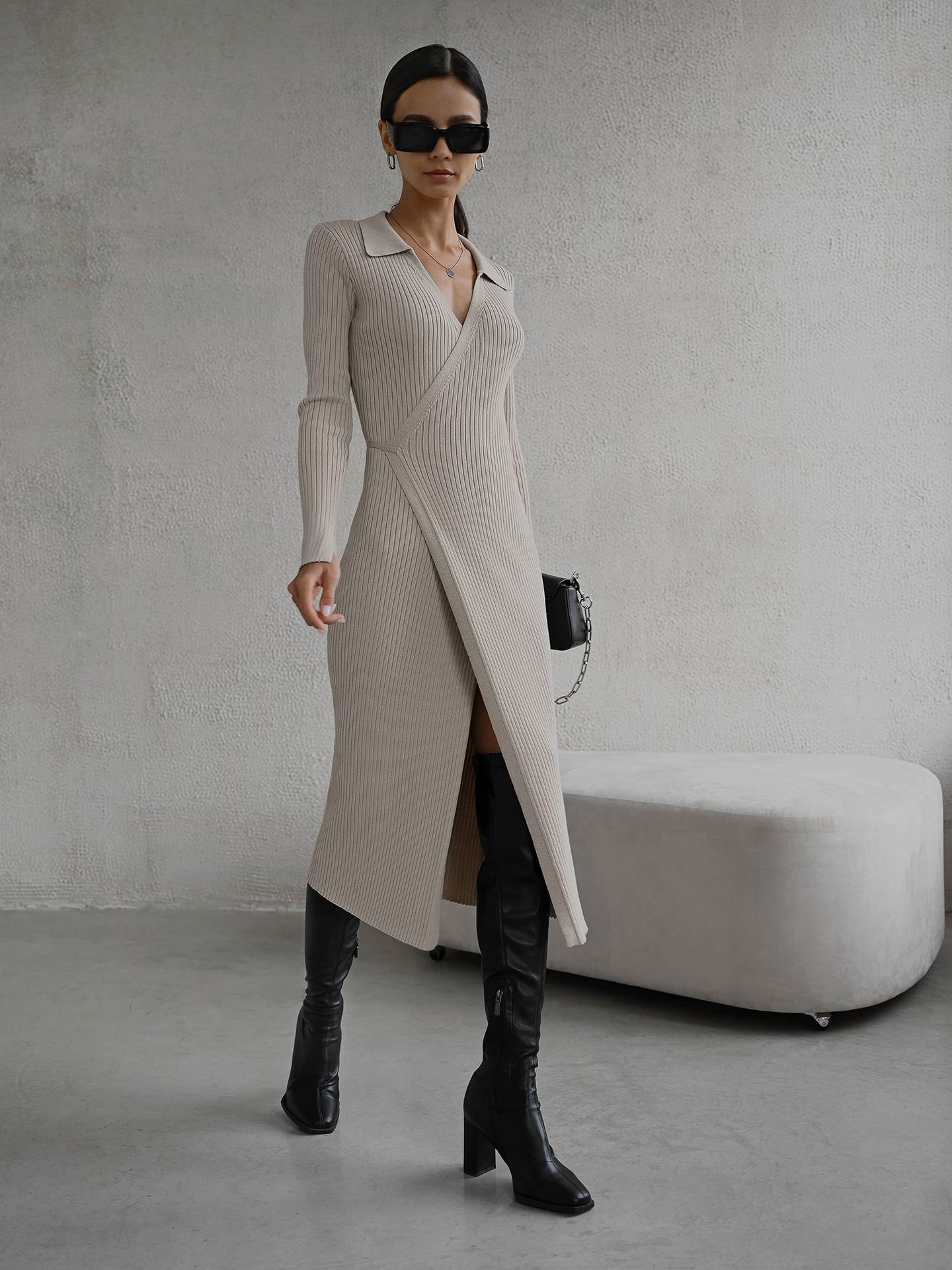 Women Knitted Dress 2022 Autumn Winter Green Casual Long Sleeve Midi Club Party Dresses Elegant Chic Polo Collar Bodycon Dress alx