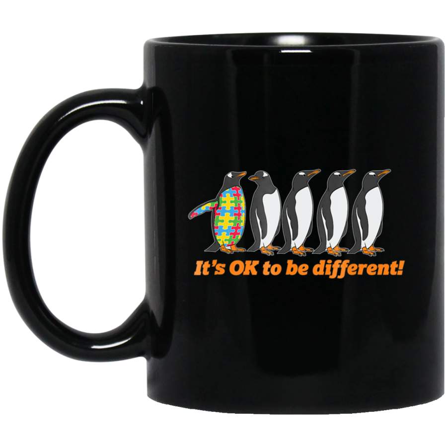 Autism Awareness – It’s OK To Be Different Penguin 11oz 15oz Black Mug Idea 2nd April Puzzle Ribbon Support Autism Dad Mom Kids Autistic