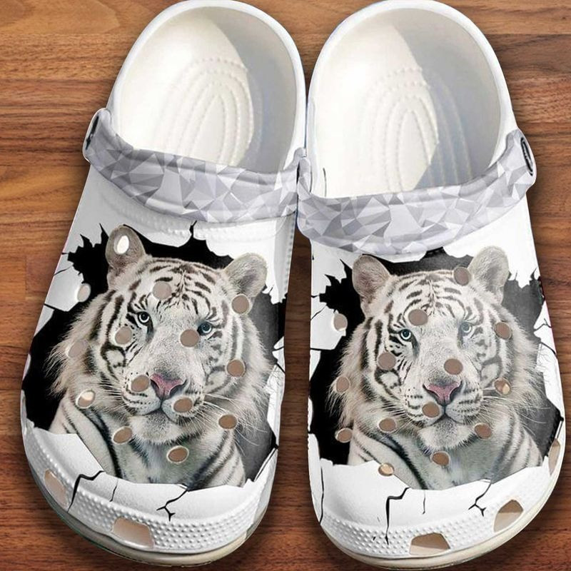 White Tiger Crack Wall Crocs Shoes International Tiger Day Gift Men And Women Crocs Shoes