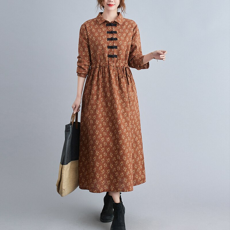 2022 Spring Autumn Cotton Linen Long Sleeve Vintage Print Blue Dress For Women Casual Dresses Elegant Ladies Clothes Femme Robe alx