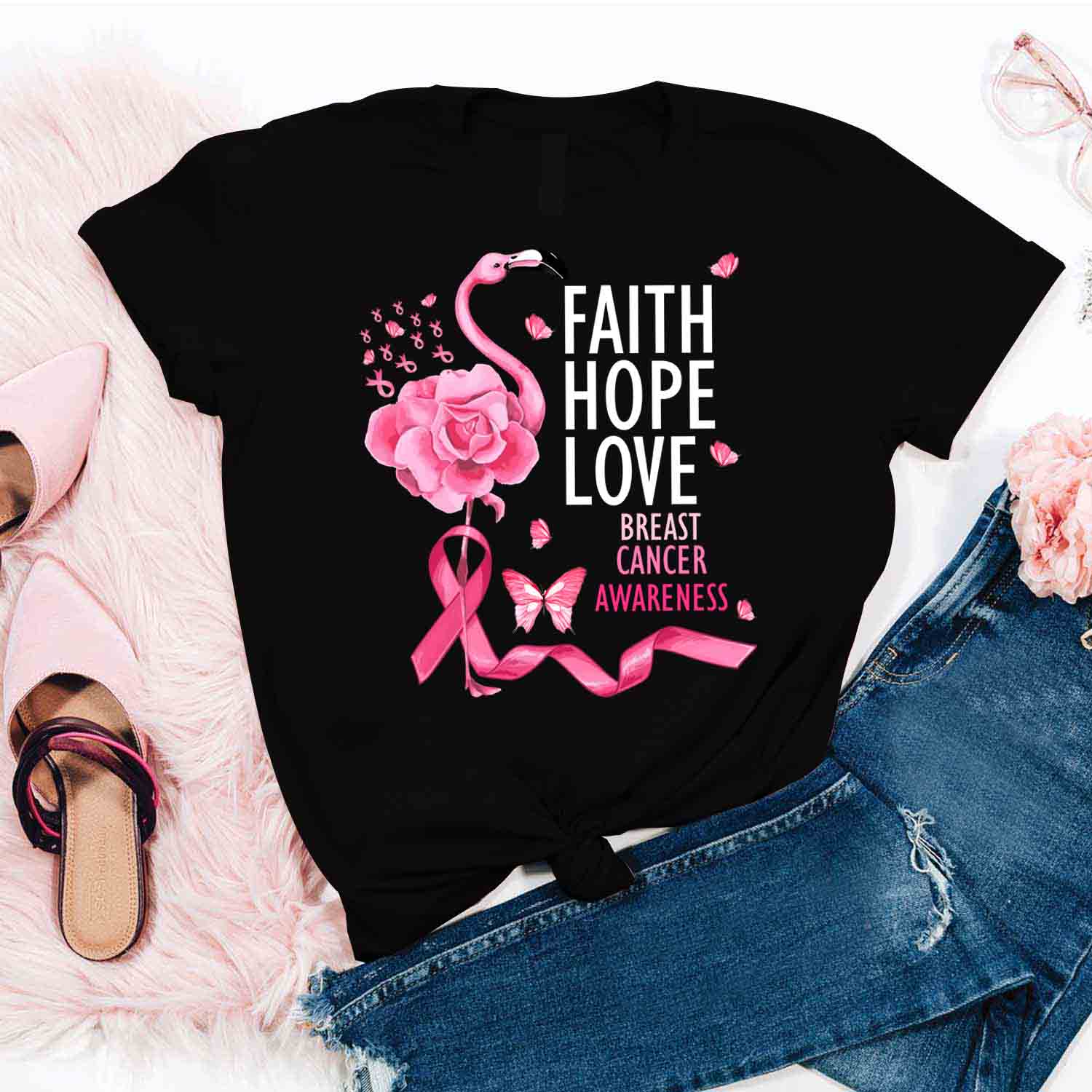 Flamingo Faith Hope Love Cancer Shirt – Breast Cancer Awareness T-Shirt Christmas Gifts For Mom Daughter Friends Hoodies Sweater Pink