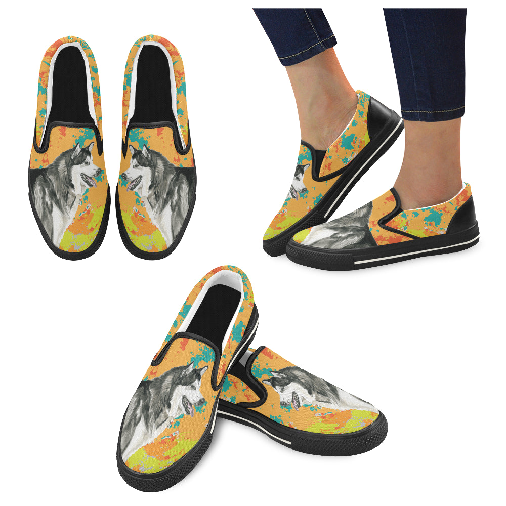 Alaskan Malamute Water Colour No.2 Black Women’s Slip-on Canvas Shoes/Large Size (Model 019)