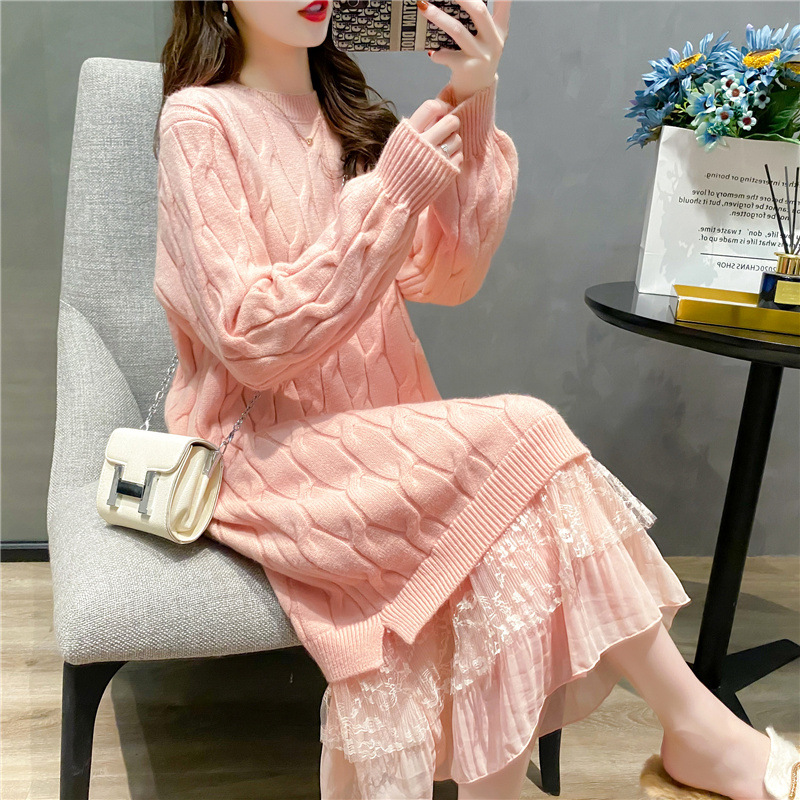 Sweater Woman Winter 2022 Autumn New Lace Stitched Dress Versatile Loose Sweater Streetwear Long Sleeve Pullover Dresses Tops alx