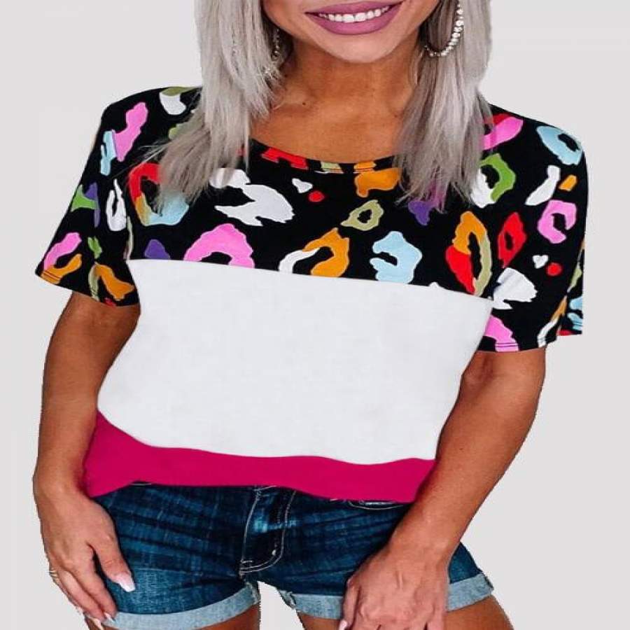 Color Leopard Stitching Print Round Neck T-Shirt