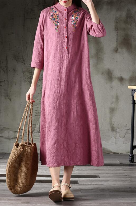 Women Dress Cotton Linen National Embroidered Button Half Sleeve A line Vintage 2022 New Summer Fashion Loose Robe Female alx