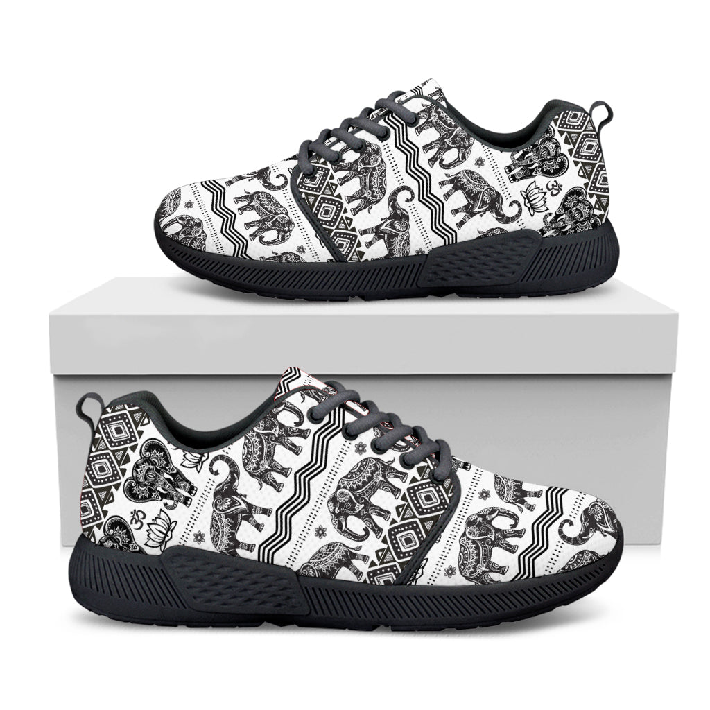 White And Black Indian Elephant Print Black Athletic Shoes