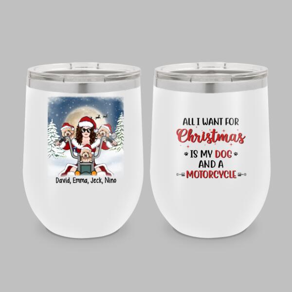 Personalized Wine Tumbler, Motorcycle Woman With Dogs, Christmas Gift For Bikers And Dog Lovers