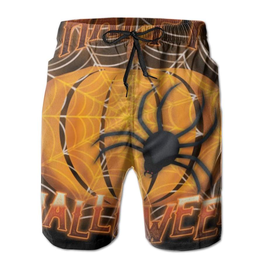 2 Pack Happy Halloween Spiderweb Pumpkin Poster Men Swim Trunks Drawstring Elastic Waist Quick Dry Beach Shorts with Mesh Lining Swimwear Bathing Suits