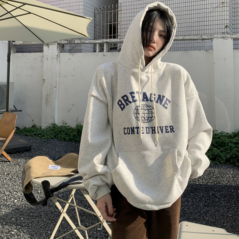 Vintage Grey Hoodie Sweatshirt Long Sleeve Korean Fashion Baggy Plus Fluff Letter Printing Casual Female Tops Pullover Hoodie alx