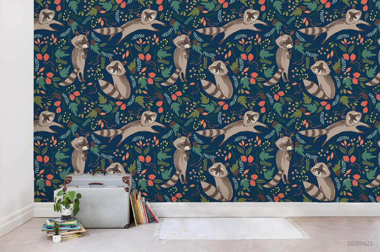 3D Animal Raccoon Flowers Wall Mural Wallpaper A315 Lqh