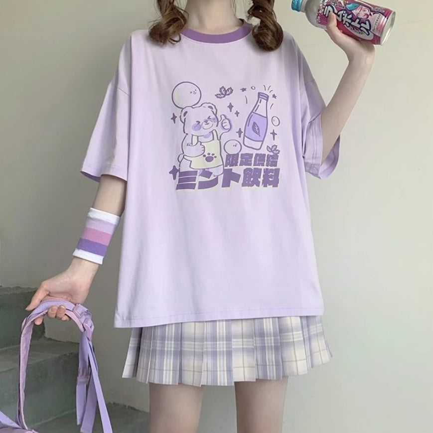 Japanese Pastel Kawaii Cute Tshirt Purple Bear Characters