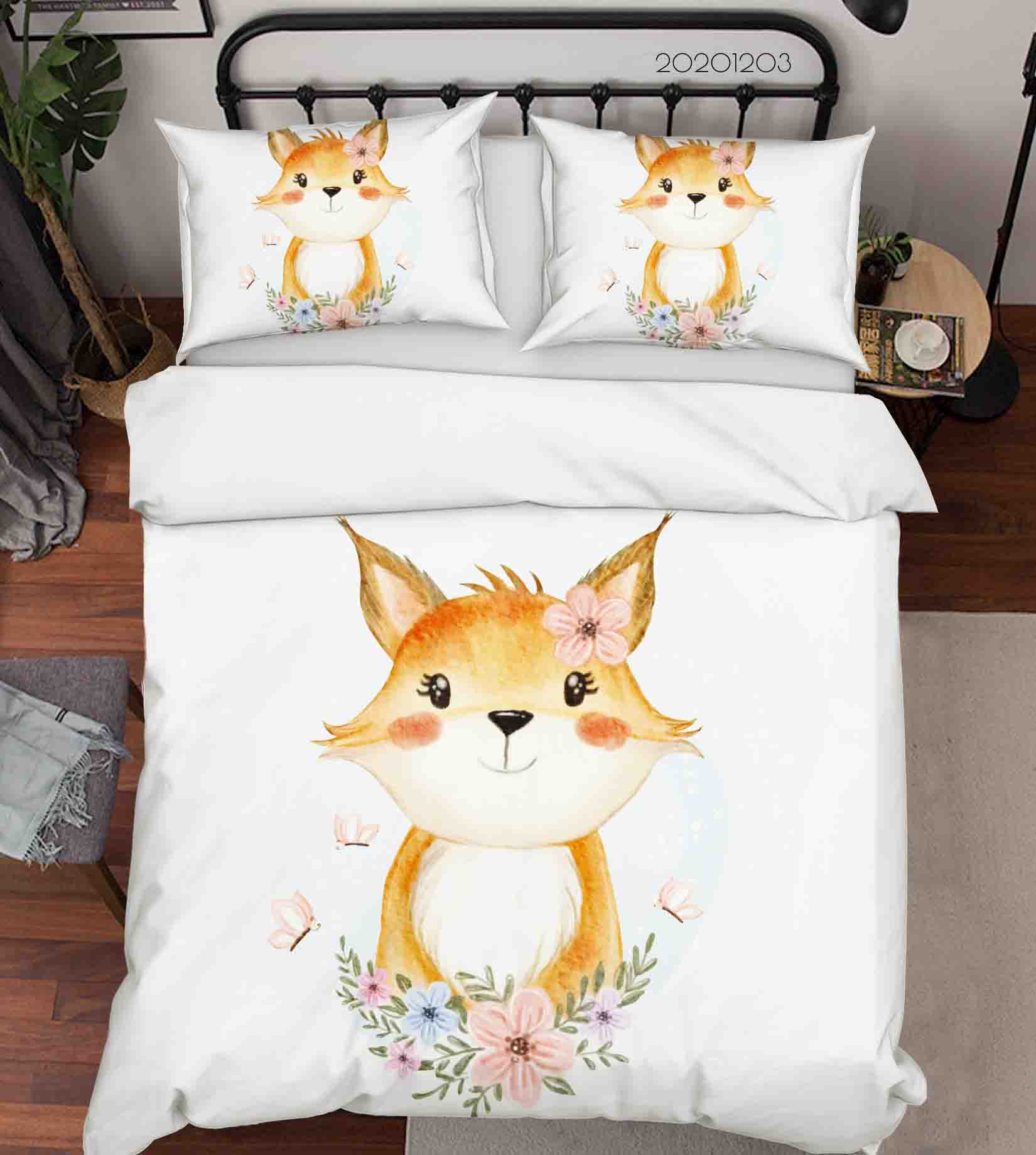 3D Cartoon Cute Baby Fox Floral Butterfly Watercolor Illustration Animal Quilt Cover Set Bedding Set Duvet Cover Pillowcases Lxl