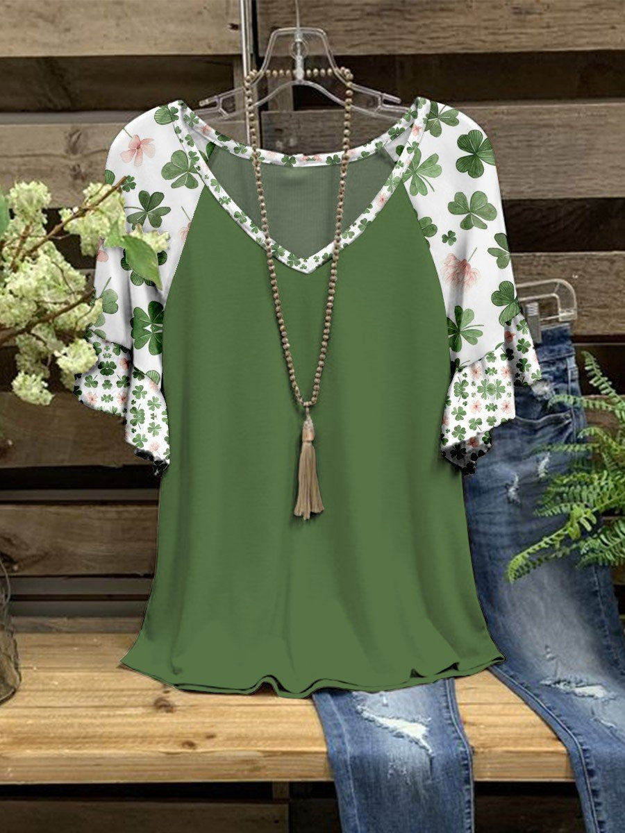 Women Clovers And Floral St. Patrick’S Day V-Neck Top