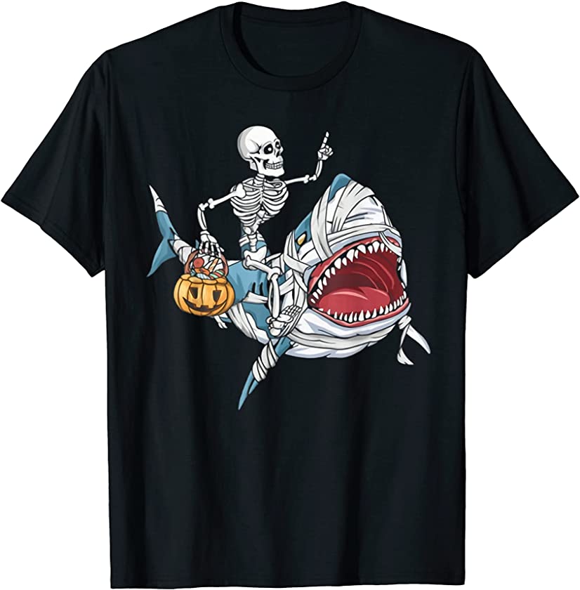 Skeleton Riding Mummy Shark Pumpkin Candy Halloween Costume T-Shirt