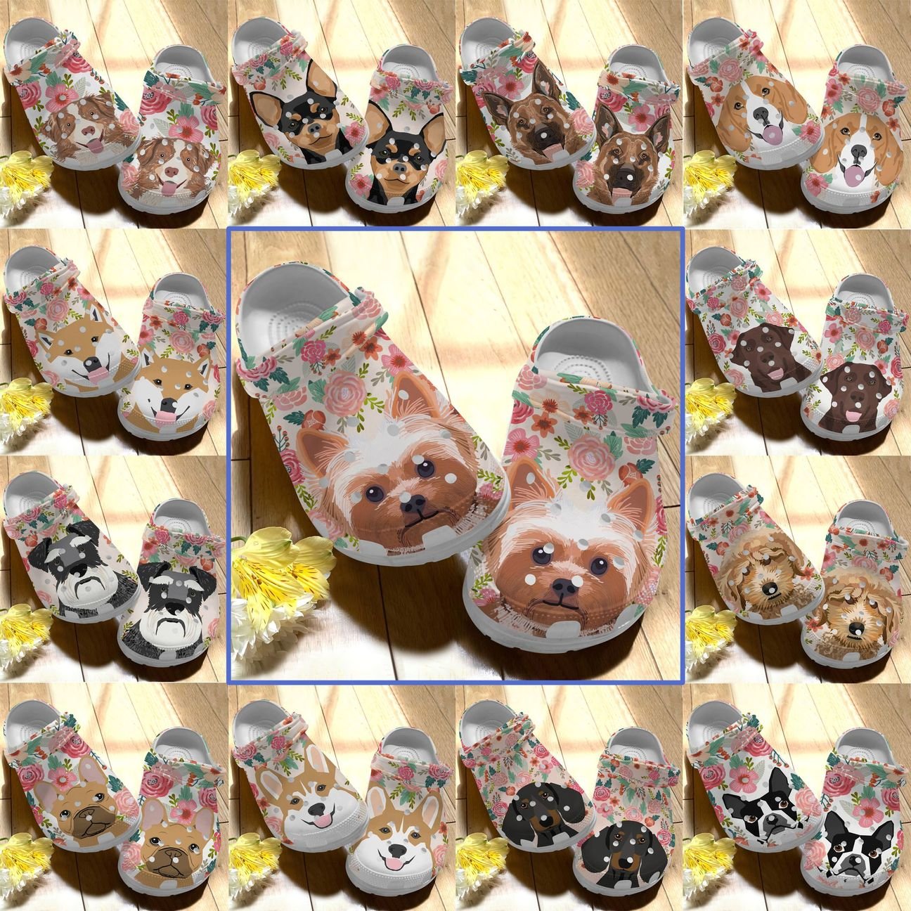 Dog Personalize Clog, Custom Name, Text, Fashion Style For Women, Men, Kid, Print 3D Floral Portrait Dogs