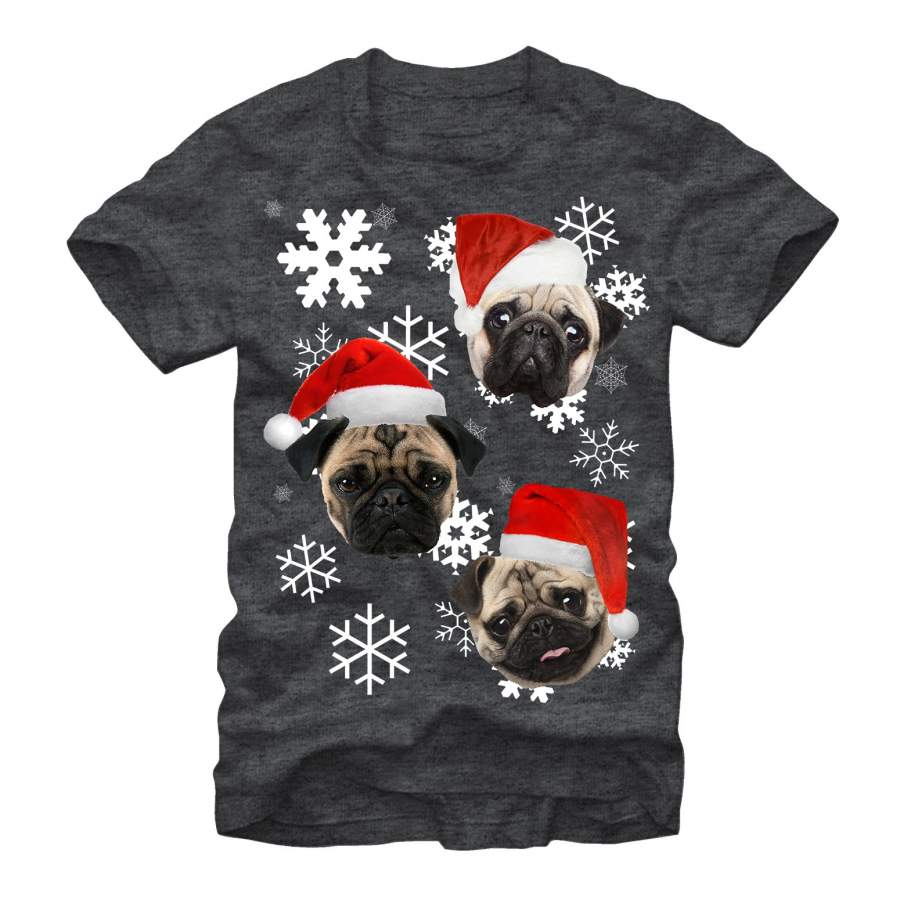 Lost Gods Men’s Ugly Christmas Pug  T Shirt Charcoal Heather