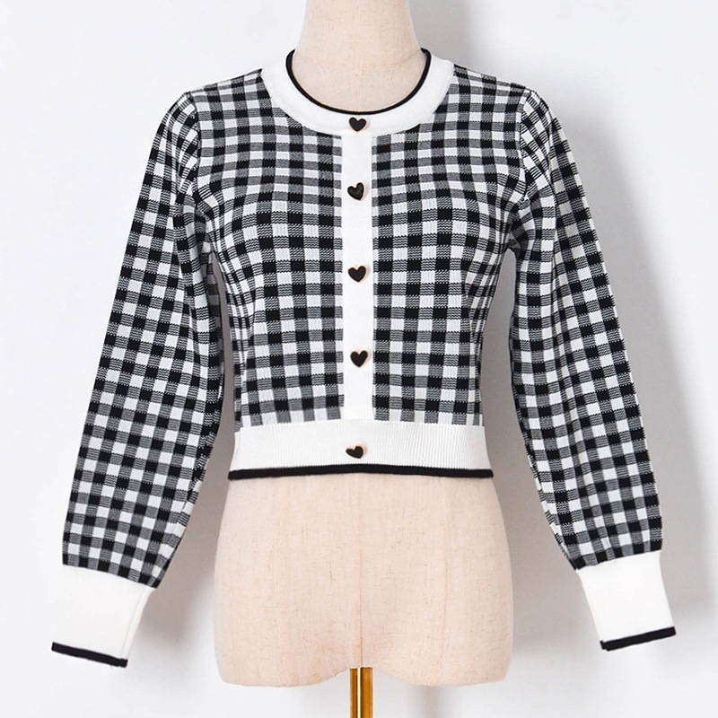 Black White Plaid Sweater Cropped Tops Sweetheart Buttons Fake Cardigan Sweater 2022 New Long Sleeve Tops Women Pullover Jumpers alx