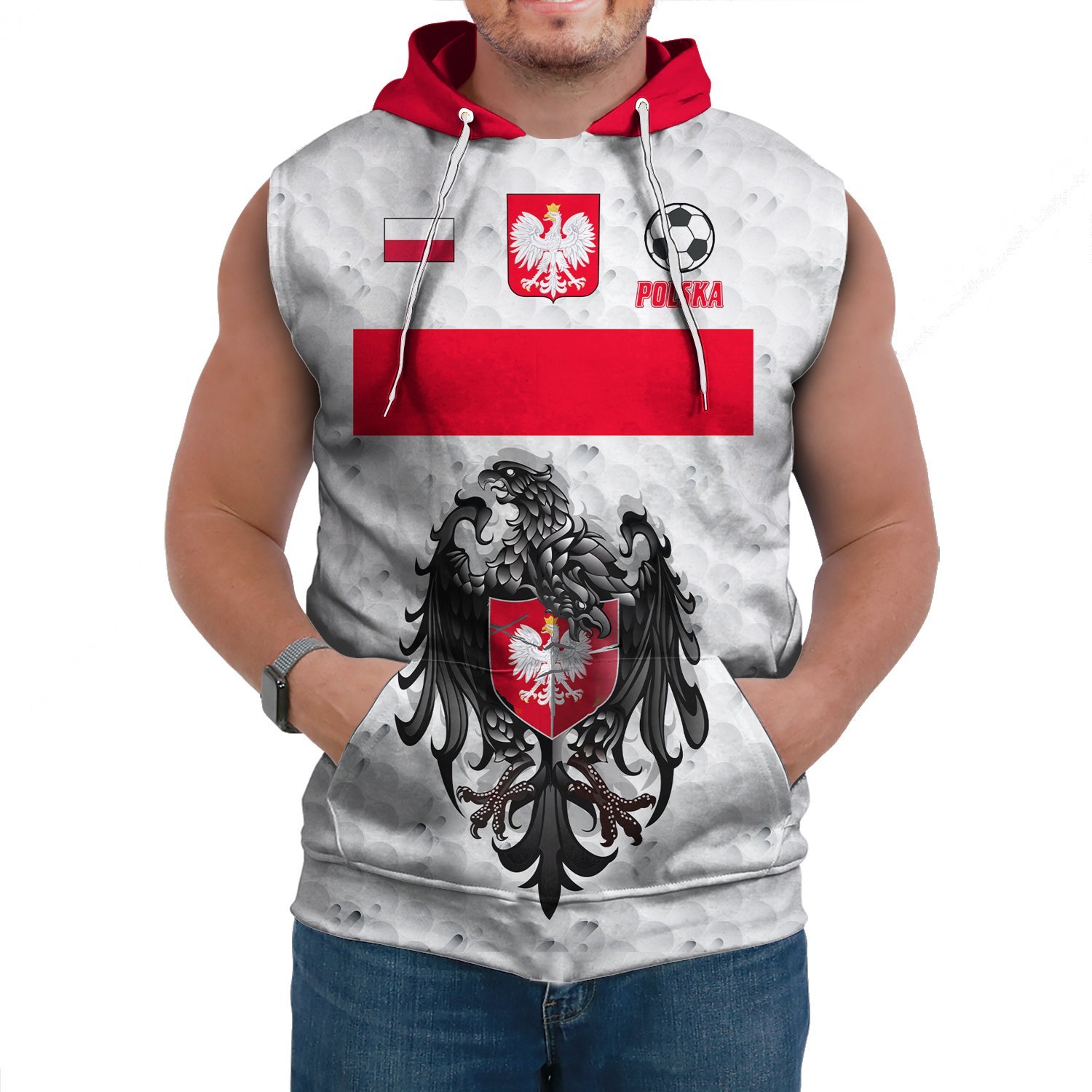 (Custom) Poland (Polska) Euro Soccer Sleeveless Hoodie Flag and Eagle A27