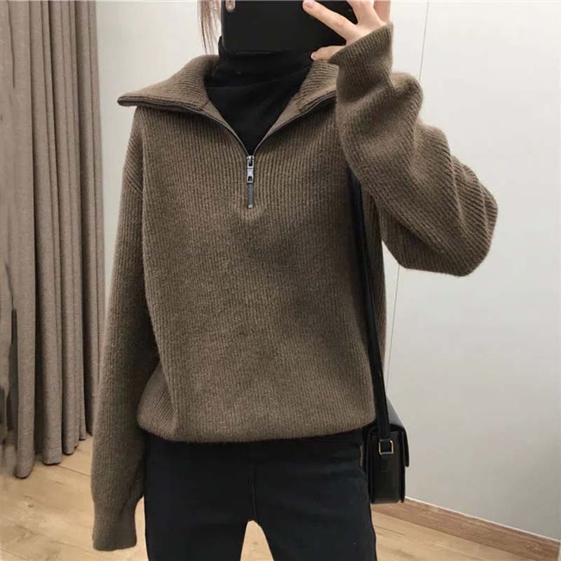 WTEMPO Sweater Turtleneck Zippers Solid Casual Knitwear Loose Pullover Long Sleeve Autumn Winter Women’s Basic Knitted Clothes alx