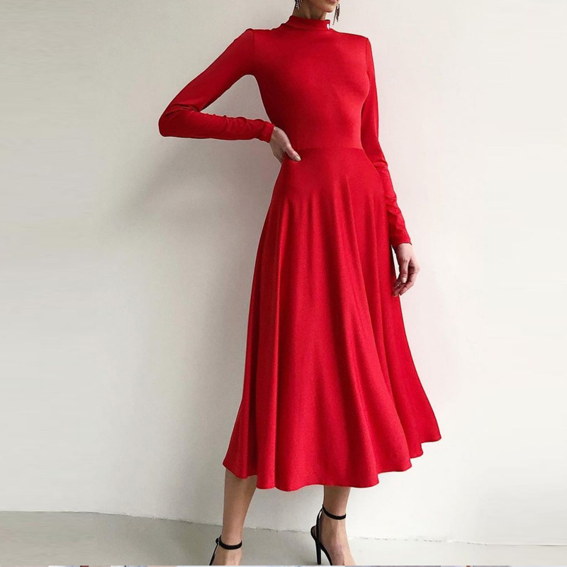 Autumn Casual Solid Long Sleeve Party Dress Women Fashion Long Sleeve A-Line Dress Lady Vintage O Neck High Waist Pleated Dress alx