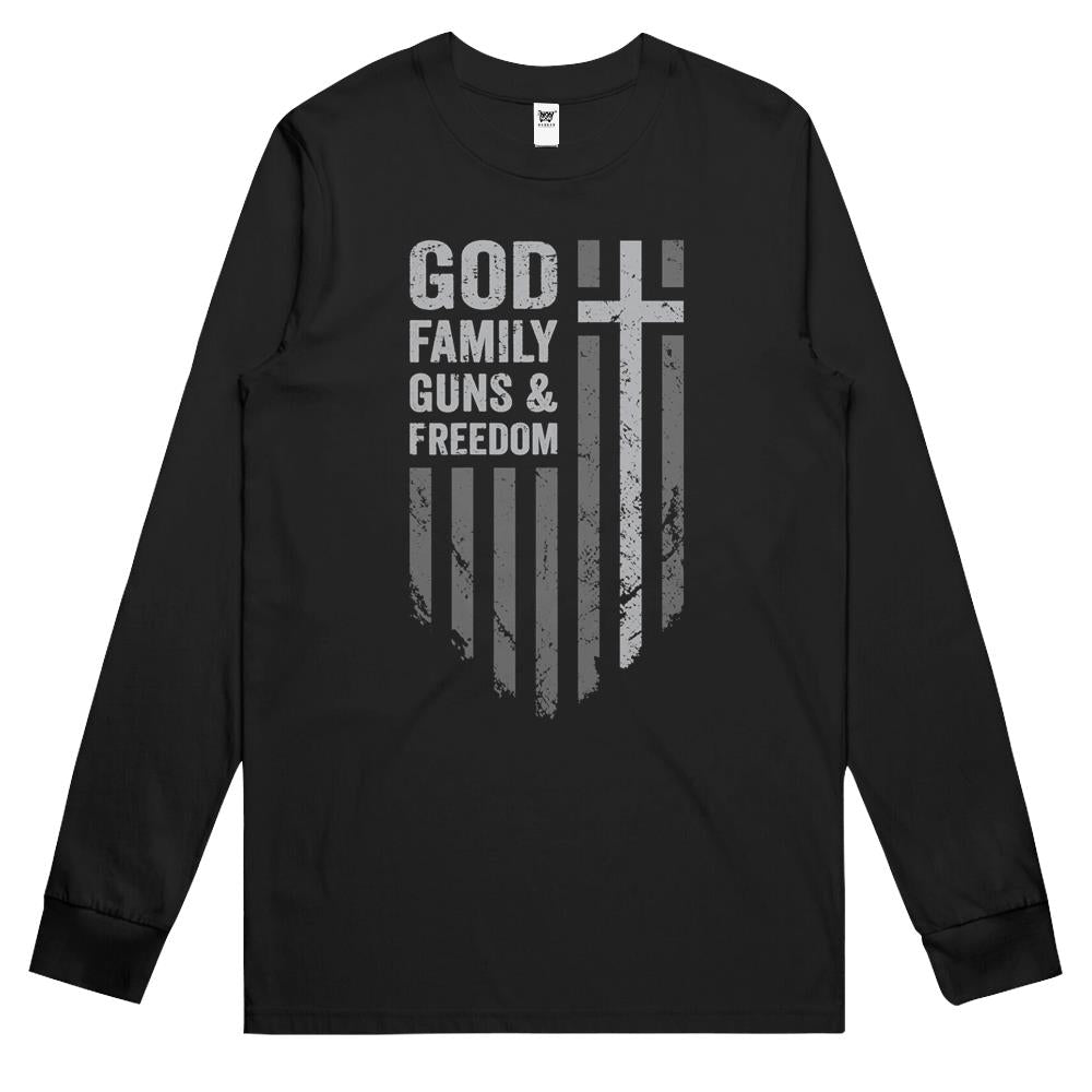 God Family Guns & Freedom – Usa Cross Flag Pro Gun Long Sleeve T Shirts