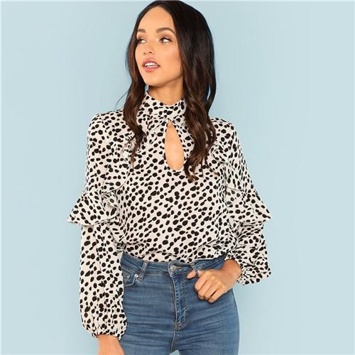 Weekend Casual White Half Placket Stand Collar Ruffle Trim Leopard Zipper Shirt Autumn Minimalist Women Tops And Blouses