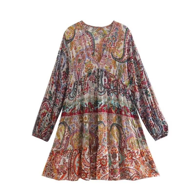 2022 Women Autumn Layered Splicing Print Dresses V Neck Long Sleeve Chic Female Fashion Vintage Mini Dress Vestidos alx