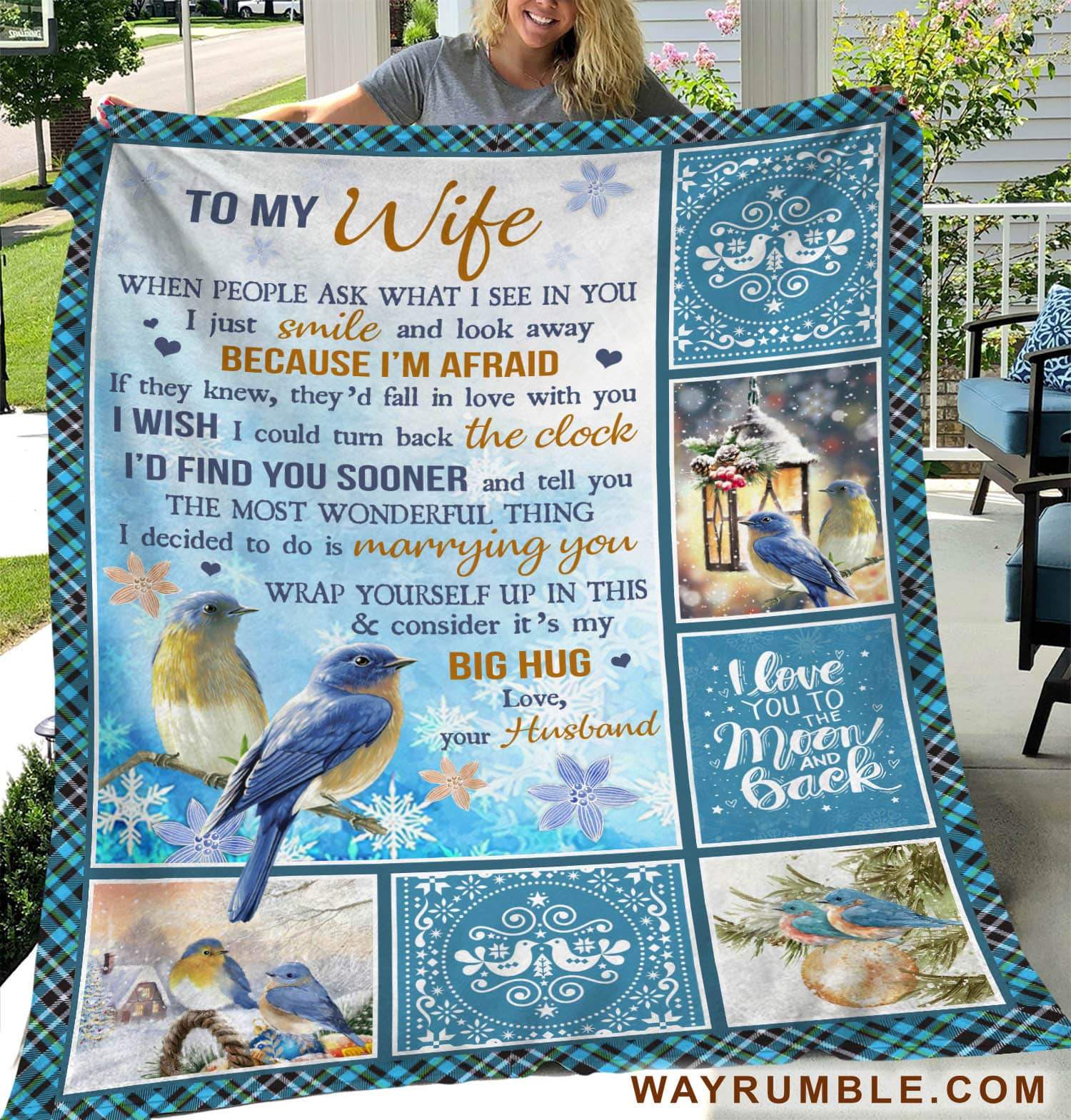 To My Wife, Eastern Bluebird, Winter, I Love You To The Moon And Back – Couple Blanket