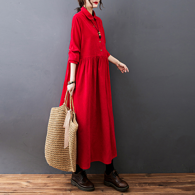 2022 New Arrival Corduroy Vintage Winter Autumn Dress Turn-down Collar Korea Fashion Blouse Dress Women Casual Spring Dress alx