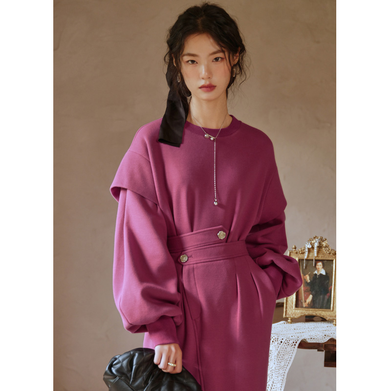 ARTKA 2022 A/W New Women Suit Fashion Loose O-Neck Short Sweatshirt Two Piece Set Irregular High Waist Split Midi Skirt TZ92322Q alx