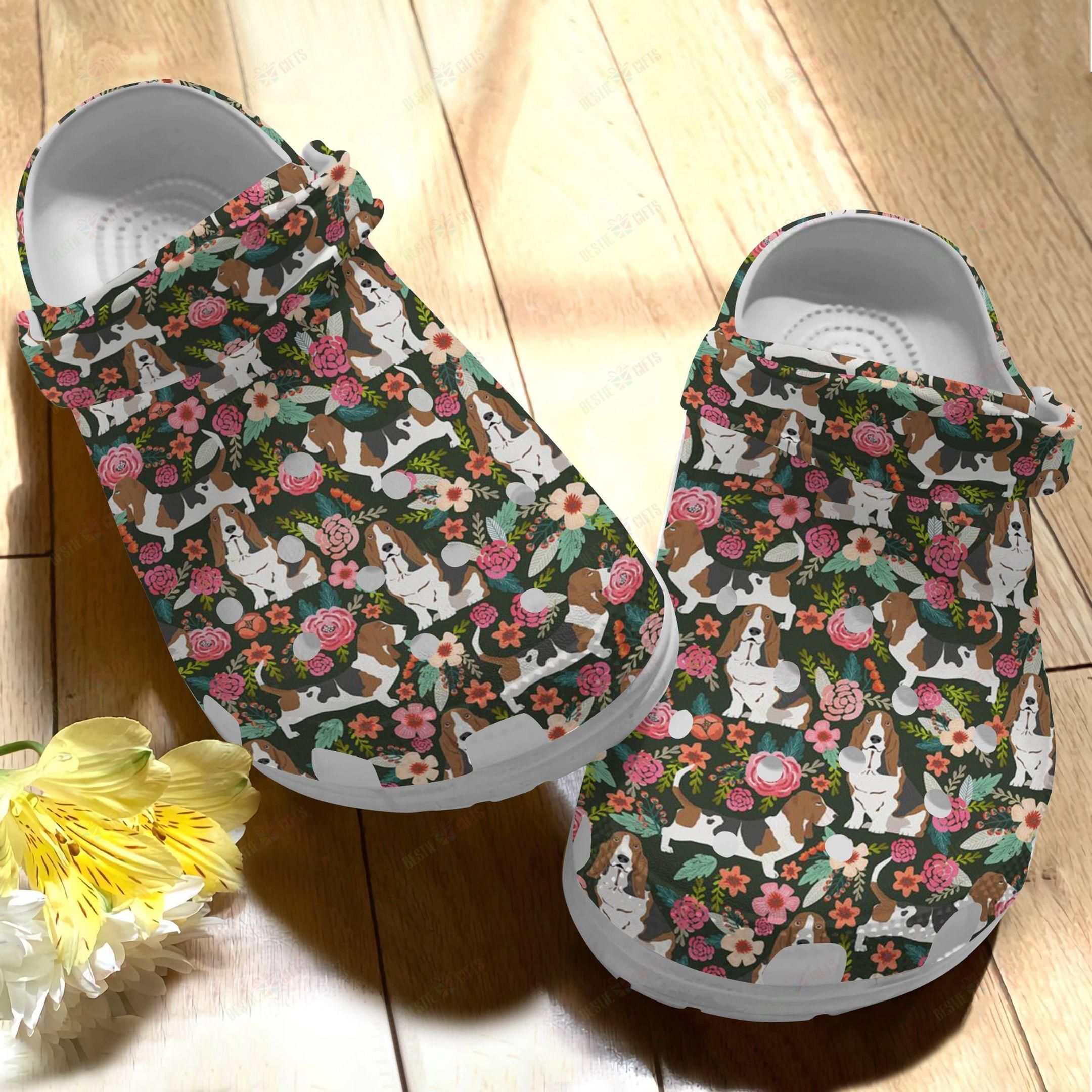 Basset Hound Crocs Classic Clog Floral Shoes