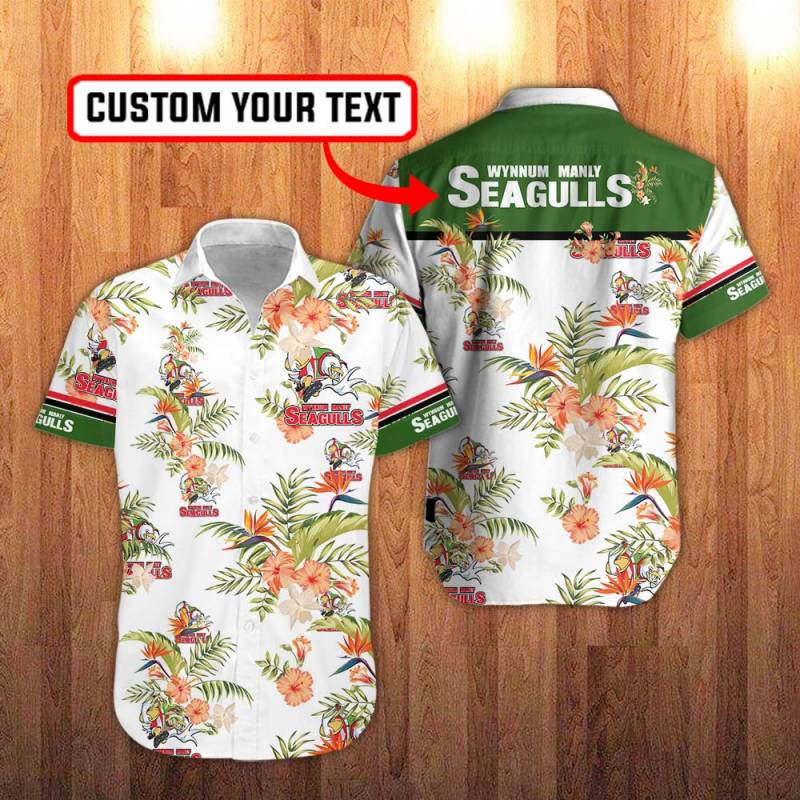 Wynnum Manly Seagulls Floral Hawaiian Shirt in White And Hawaiian Hibiscus Flower Personalization 3D Full Print Button Shirt