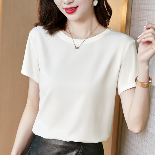 Summer Korean Fashion Silk T-shirts for Women Vintage Satin Tops for Women Short Sleeves Loose Office Lady Shirts alx