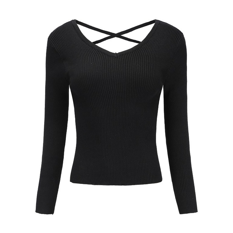 2021 Spring Summer Sexy Women Knitted Top Long Sleeve Slim Hollow Back V-neck Sweater Women Pullover Women Retro Jumper 12816 alx