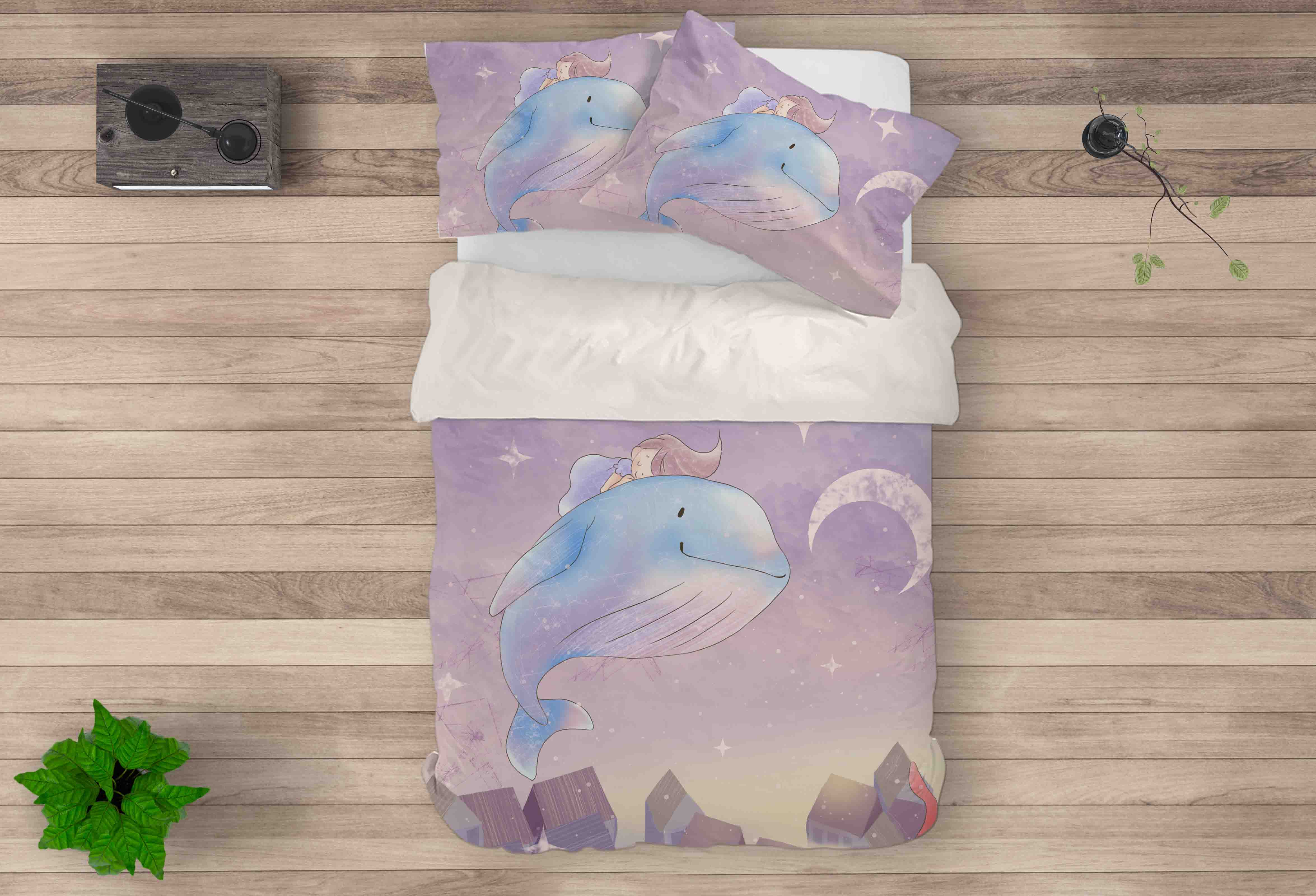 3D Purple Girl Moon Whale Quilt Cover Set Bedding Set Pillowcases 75