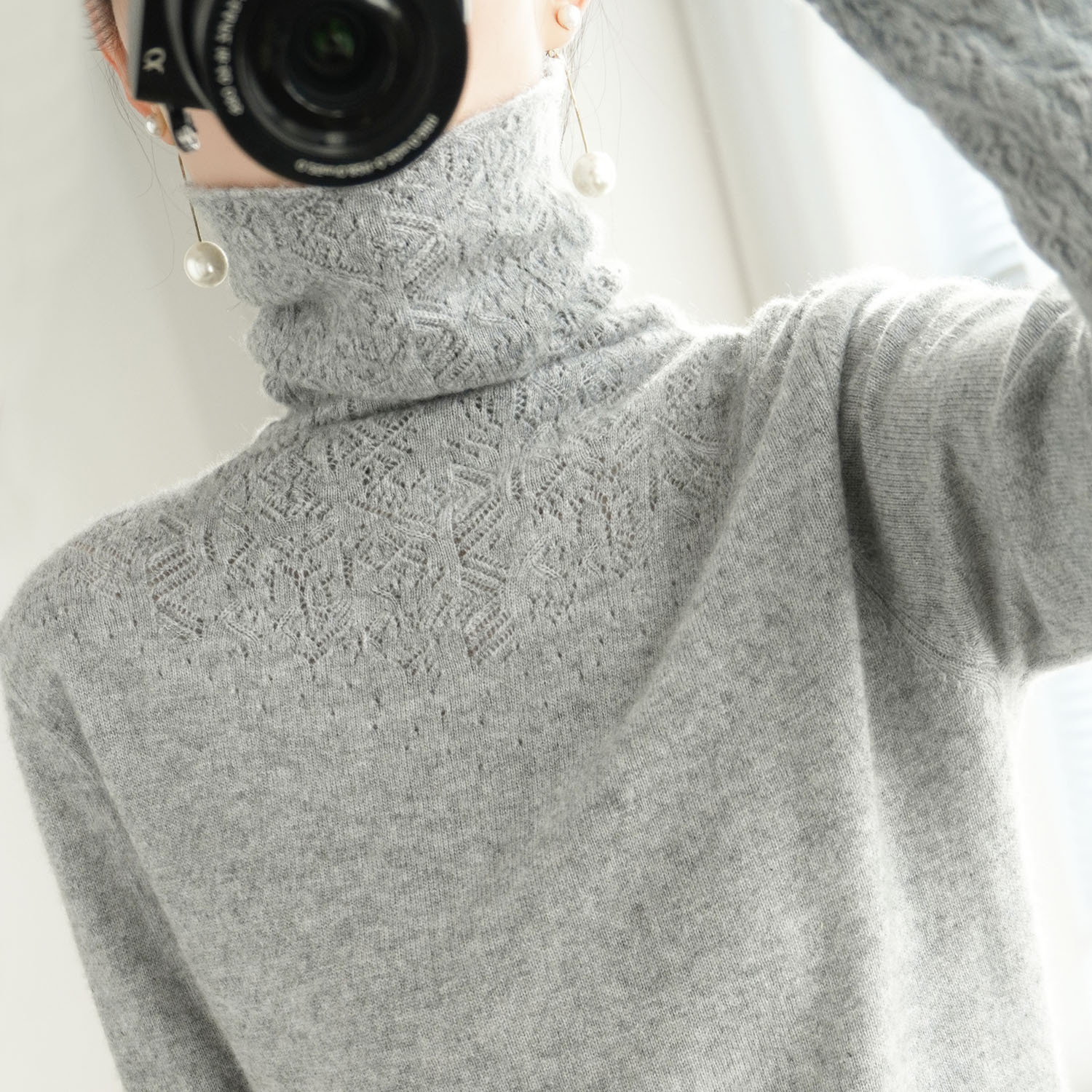 Cashmere Cotton Blend Hollow Out Turtleneck Women Pullover 2022 Autumn Winter Korean Fashion High Collar Jumper Knitted Sweater alx