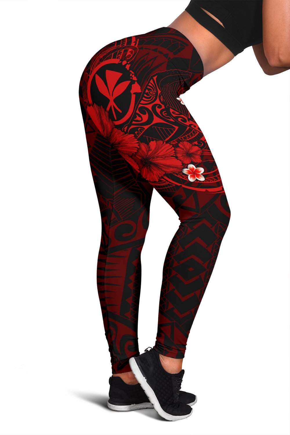 Polynesian Hawaii  Kanaka Maoli Leggings – Humpback Whale with Hibiscus (Red) – BN15