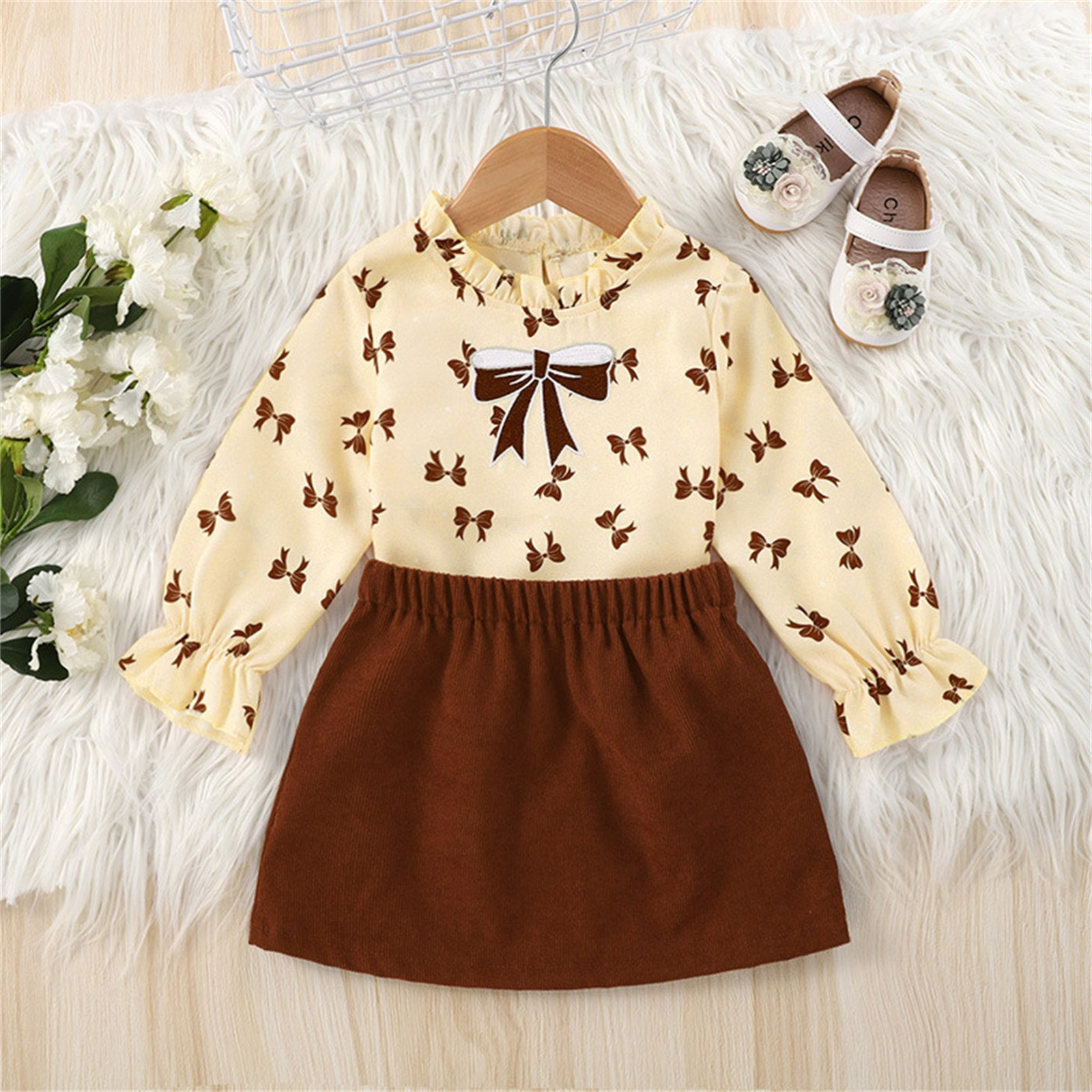 Baby Girl Niece Clothes Kids Baby Toddler Girls Long Ruffled Sleeve Bowknot Print Sweater Tops Receiving Blankets Set Baby alx