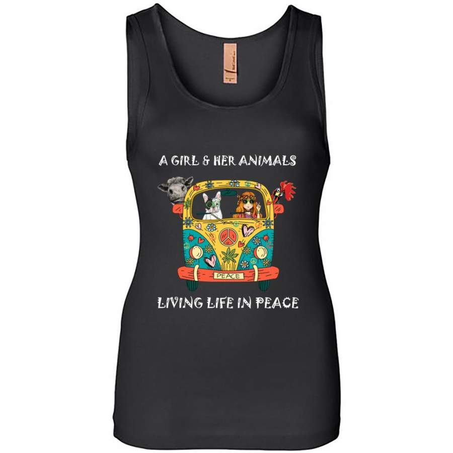 A Girl And Her Animals Living Life In Peace, Hippie Car Heifer Chicken Dog Lover – Womens Jersey Tank